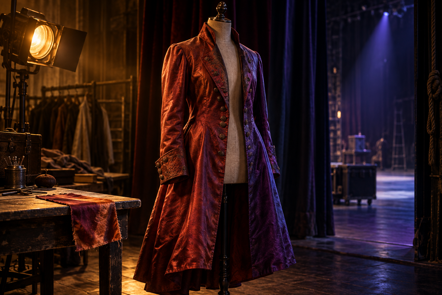 One rust-red stage coat appearing crimson in amber light and violet where cool theatrical light reaches its folds