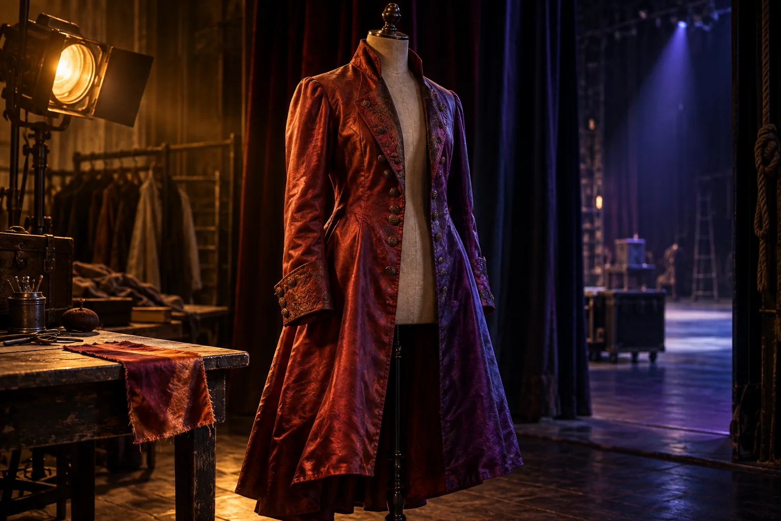 Un manteau de scène rouge rouille paraît cramoisi sous une lumière ambrée et violet là où une lumière théâtrale froide atteint ses plis
