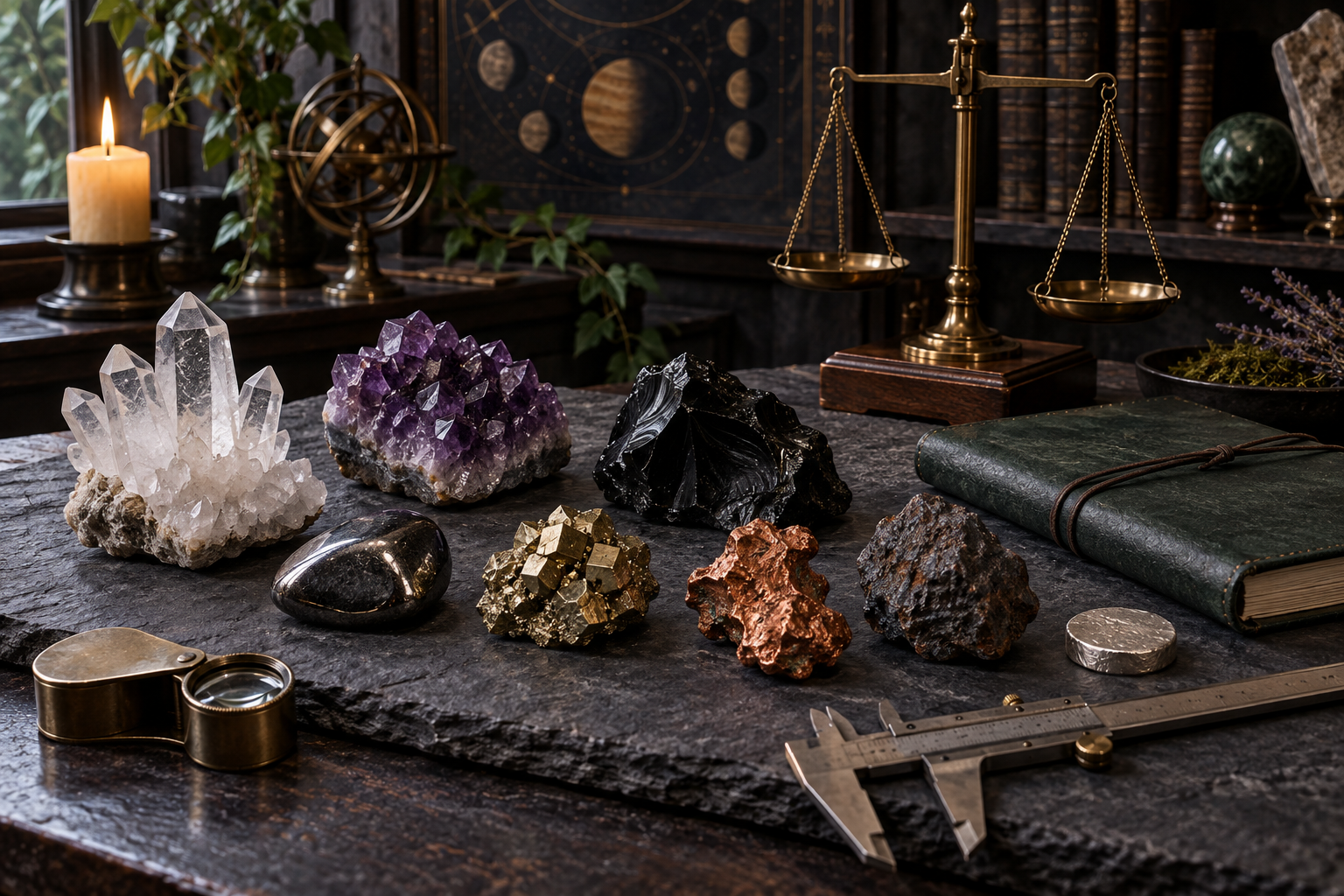 Quartz, amethyst, obsidian, hematite, pyrite, copper, iron, and silver specimens with a loupe, calipers, and balance