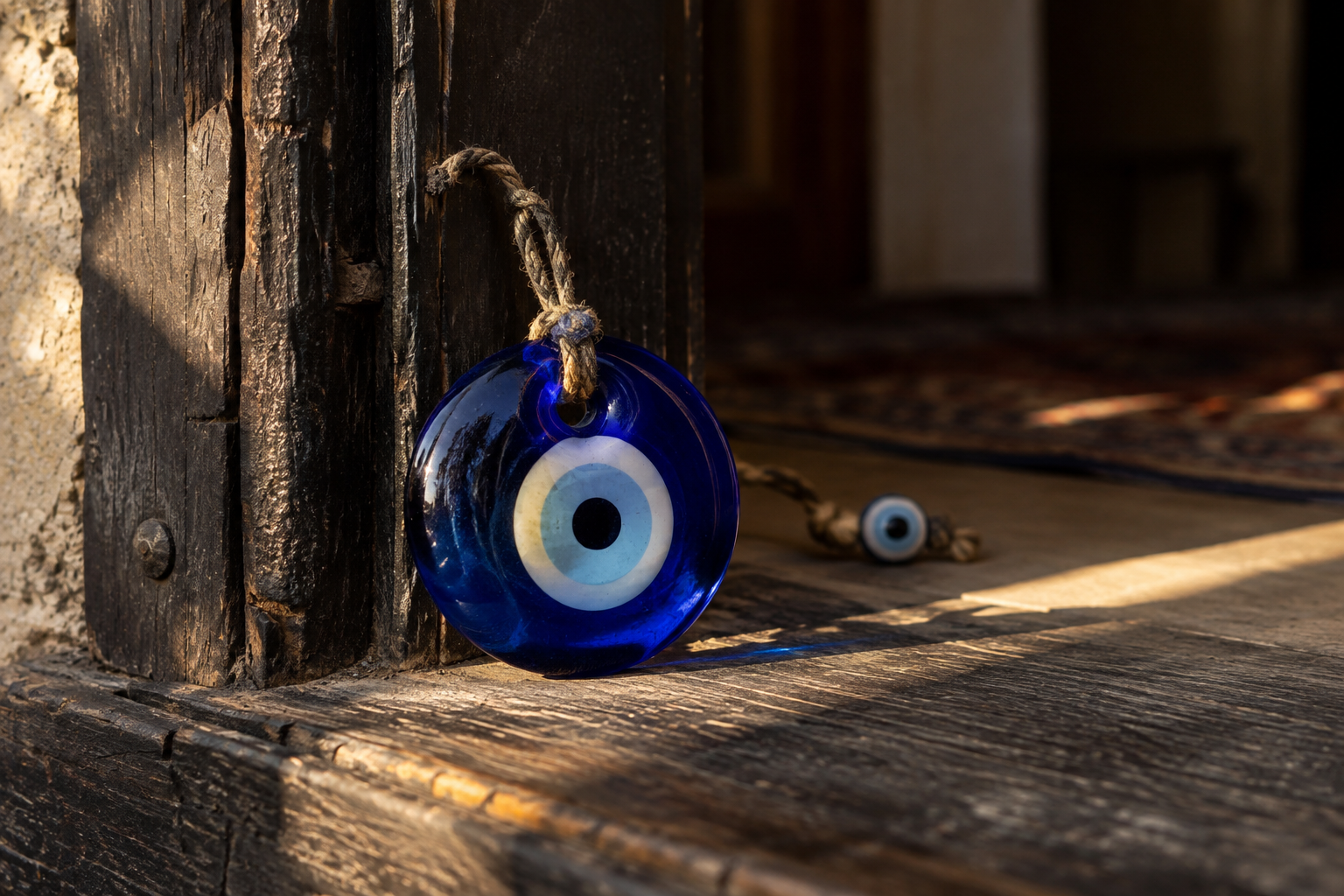 Cobalt-blue glass nazar eye amulet resting on a weathered domestic threshold