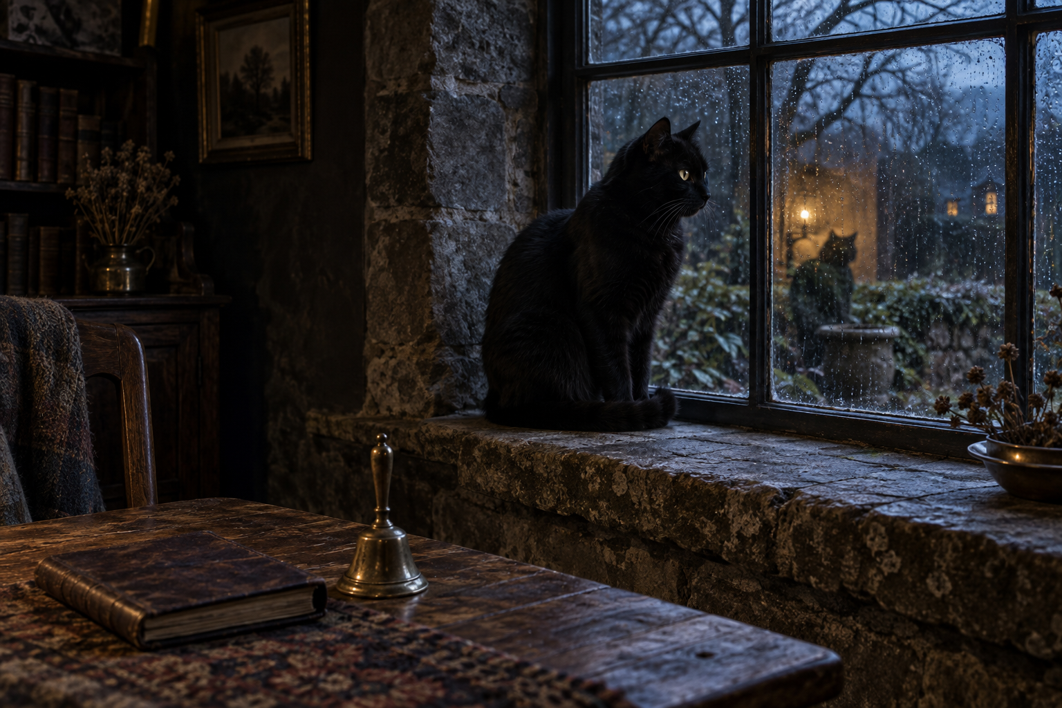 Black cat on a rain-dark cottage windowsill, with a second ambiguous catlike form beyond the glass