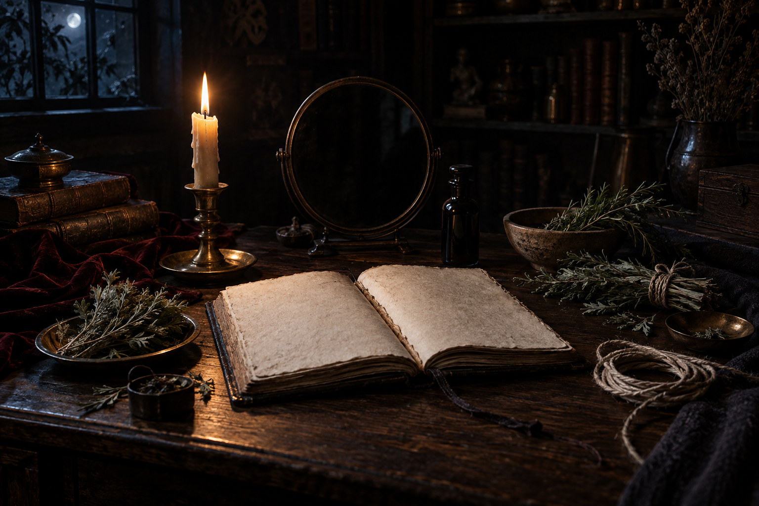 Candlelit occult study with an open blank notebook, herbs, dark mirror, vial, and linen cord on an old walnut table