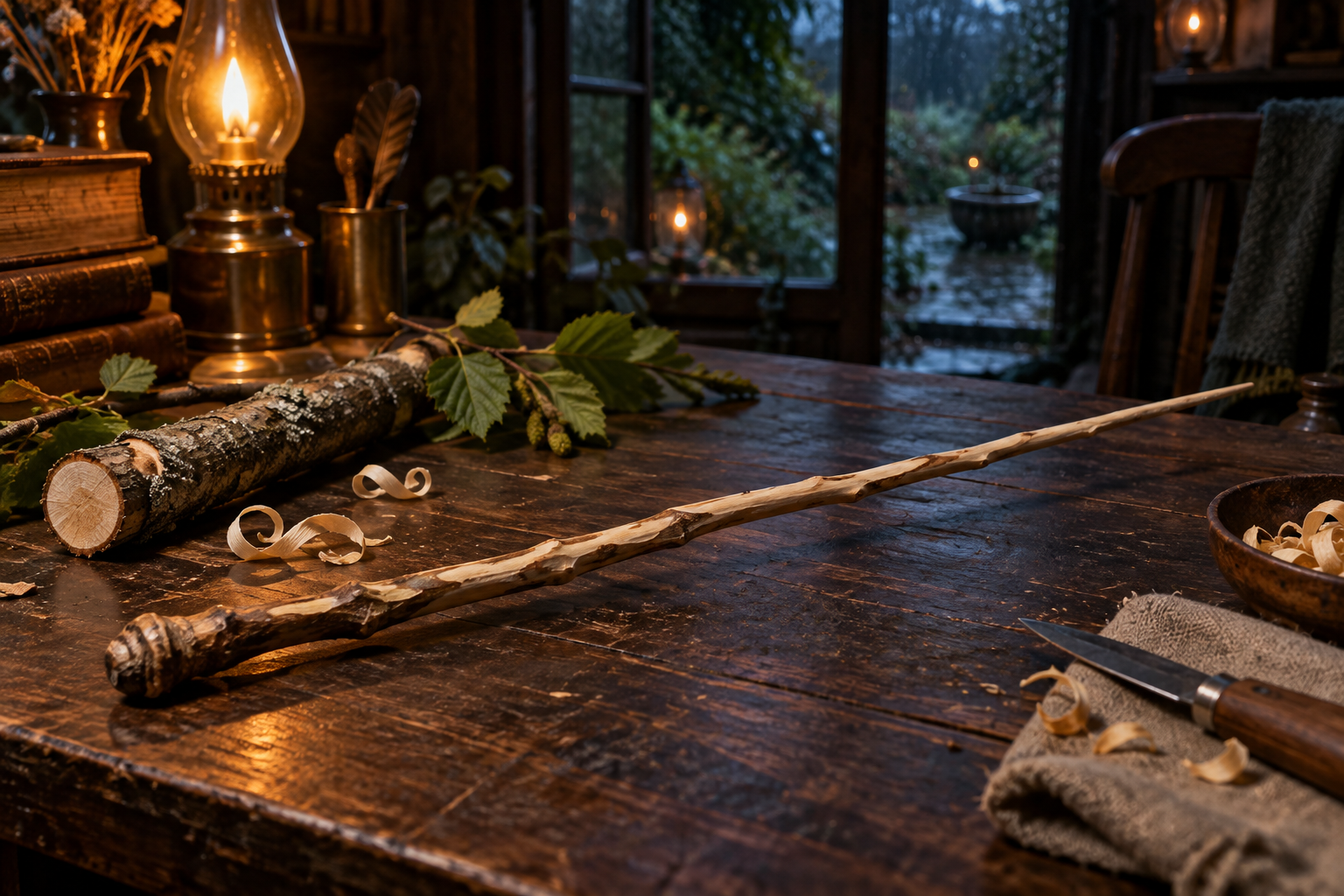 Hand-carved hazel wand stretching across a dark worktable, with its source branch and wood shavings nearby