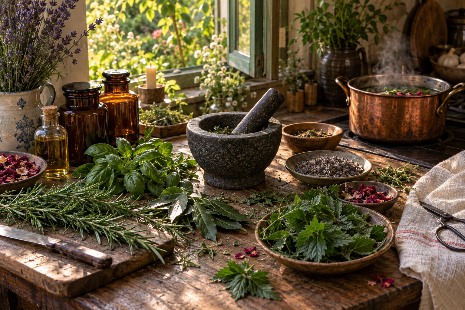 Herbalist working table with rosemary, basil, bay, lavender, nettle, rose petals, amber jars, mortar, and copper pot