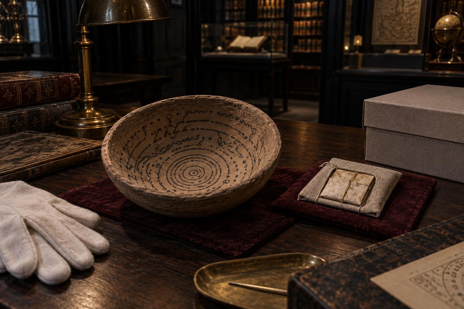 Editorial still life with an incantation-bowl form bearing illegible spiral marks beside a folded parchment amulet on a conservation table
