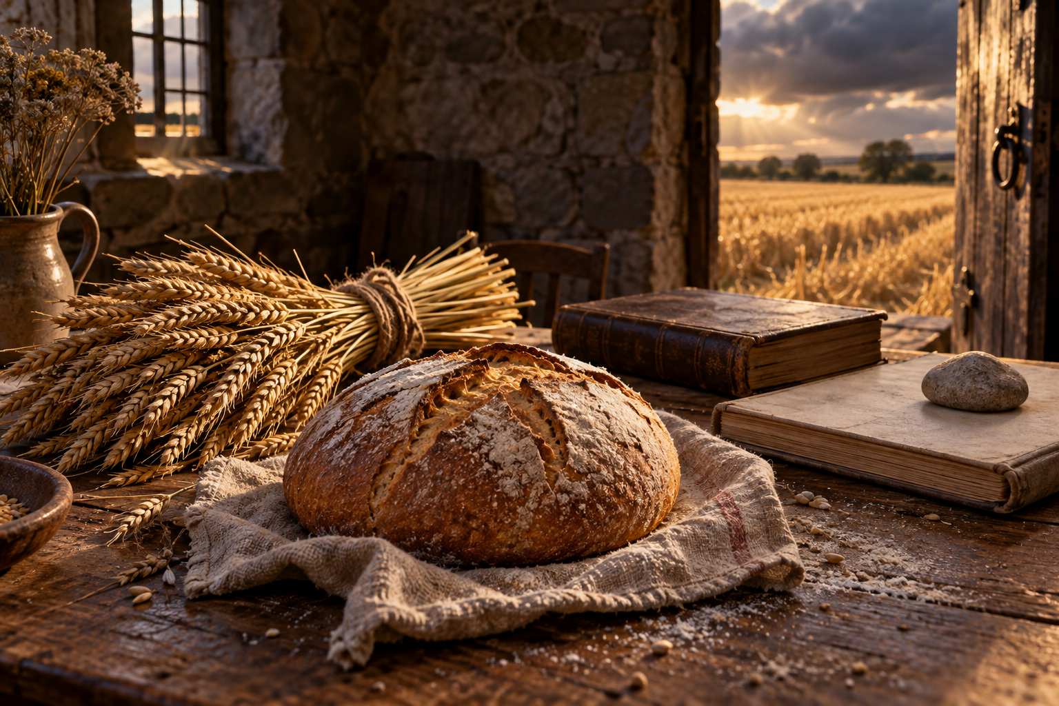 Fresh wheat loaf and tied sheaf on linen, with two separate closed books beside an open doorway onto an August field