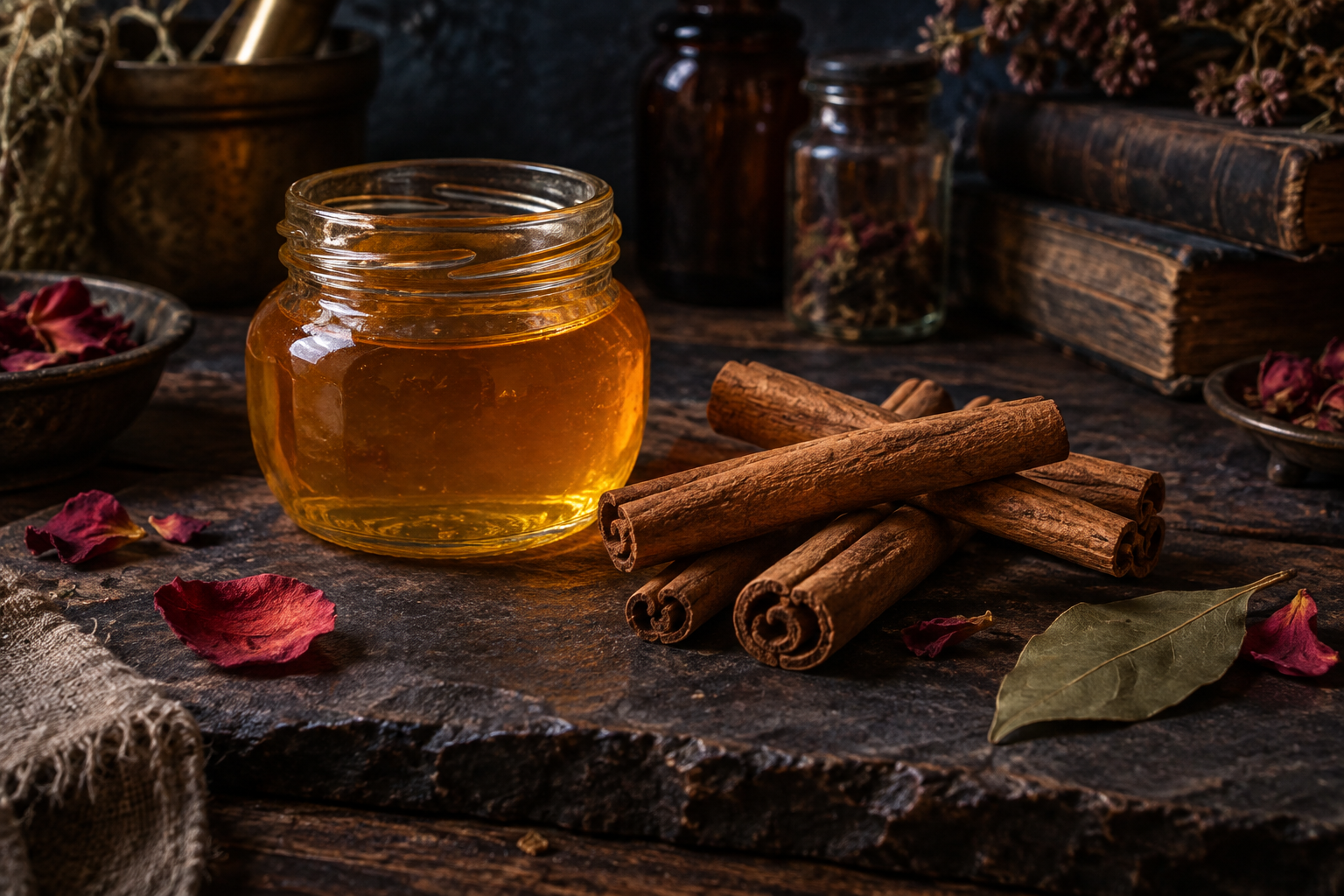 Open jar of golden honey beside cinnamon bark quills, with scattered rose petals and a bay leaf on dark stone