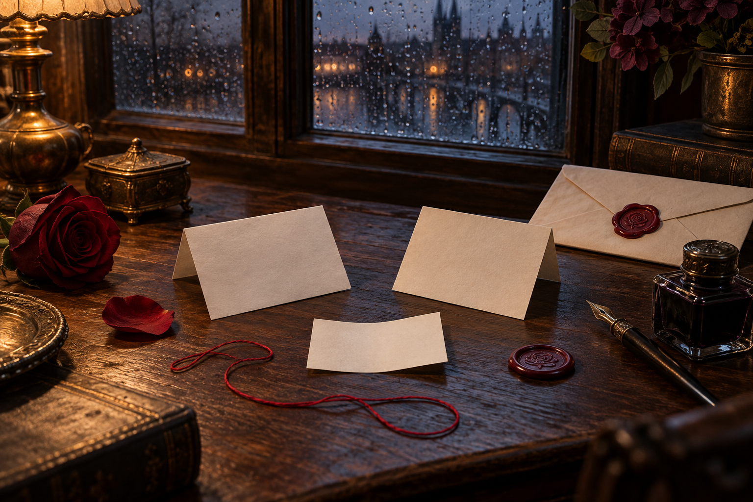 Three blank folded petition papers, a sealed envelope, rose-red thread, wax, a petal, and an inkpot on a rainy twilight writing desk