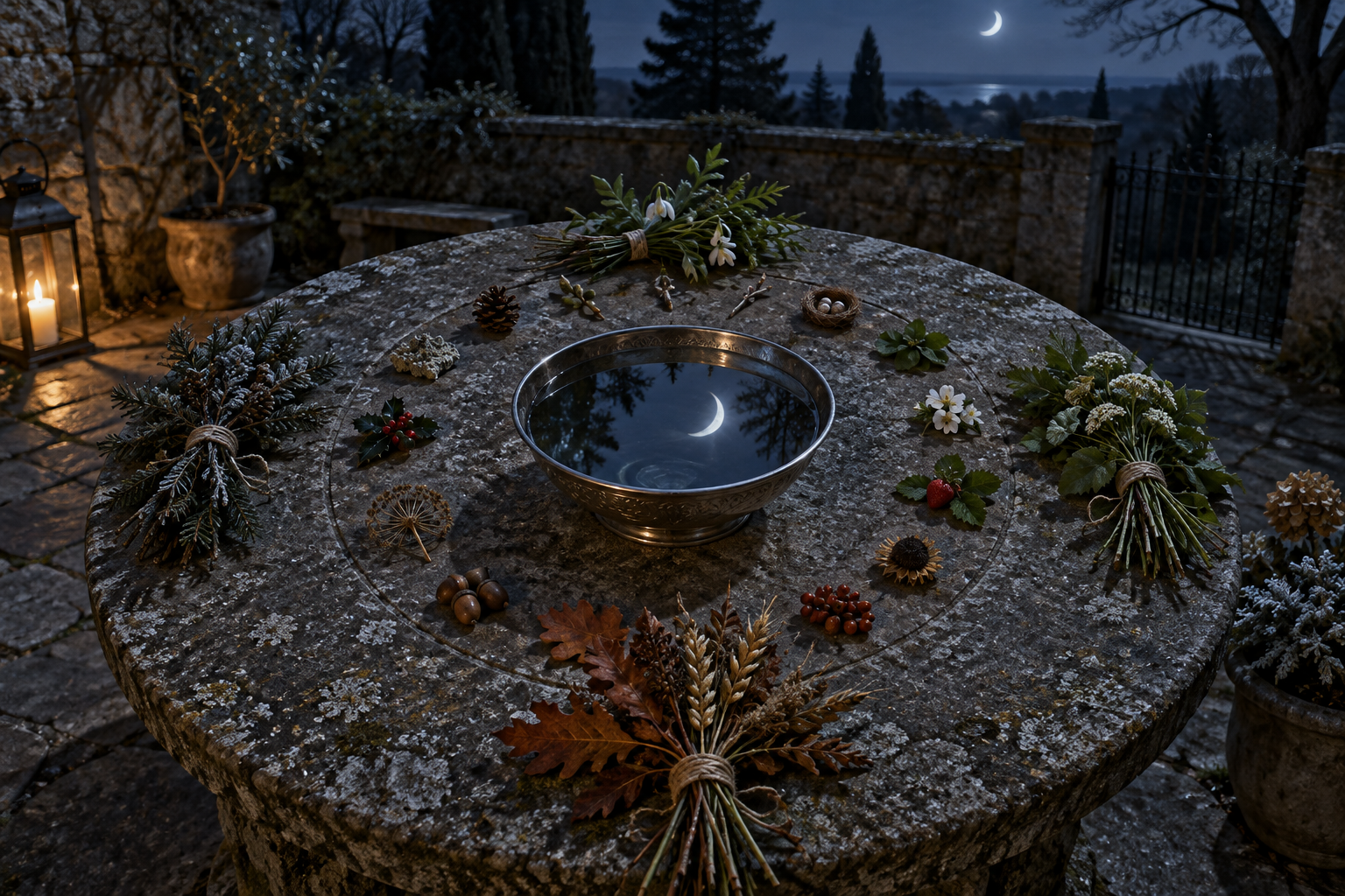 Moonlit circular stone table with twelve natural tokens, seasonal plants, and a silver bowl reflecting the crescent moon