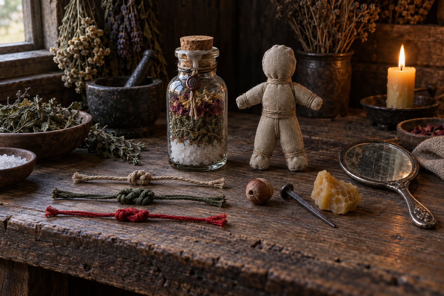 Folk-magic workbench with a charm jar, faceless linen poppet, knotted cords, iron nail, beeswax, thread, and hand mirror