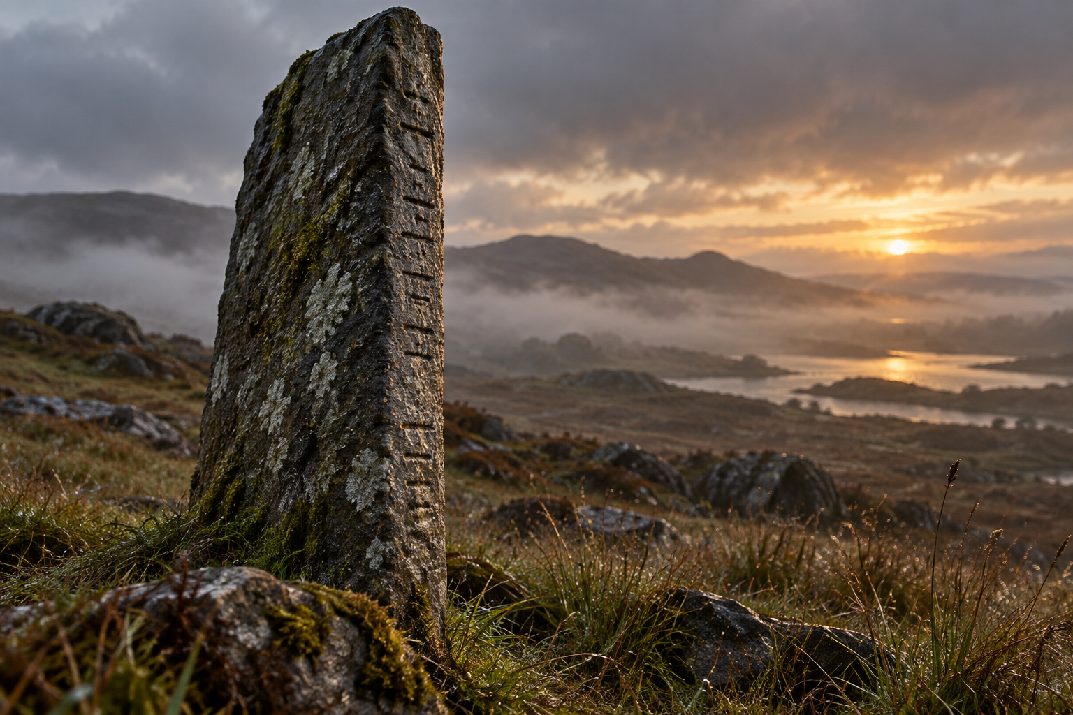 Rain-dark standing stone on a misty Irish hillside at dawn, with weathered short marks along one vertical edge