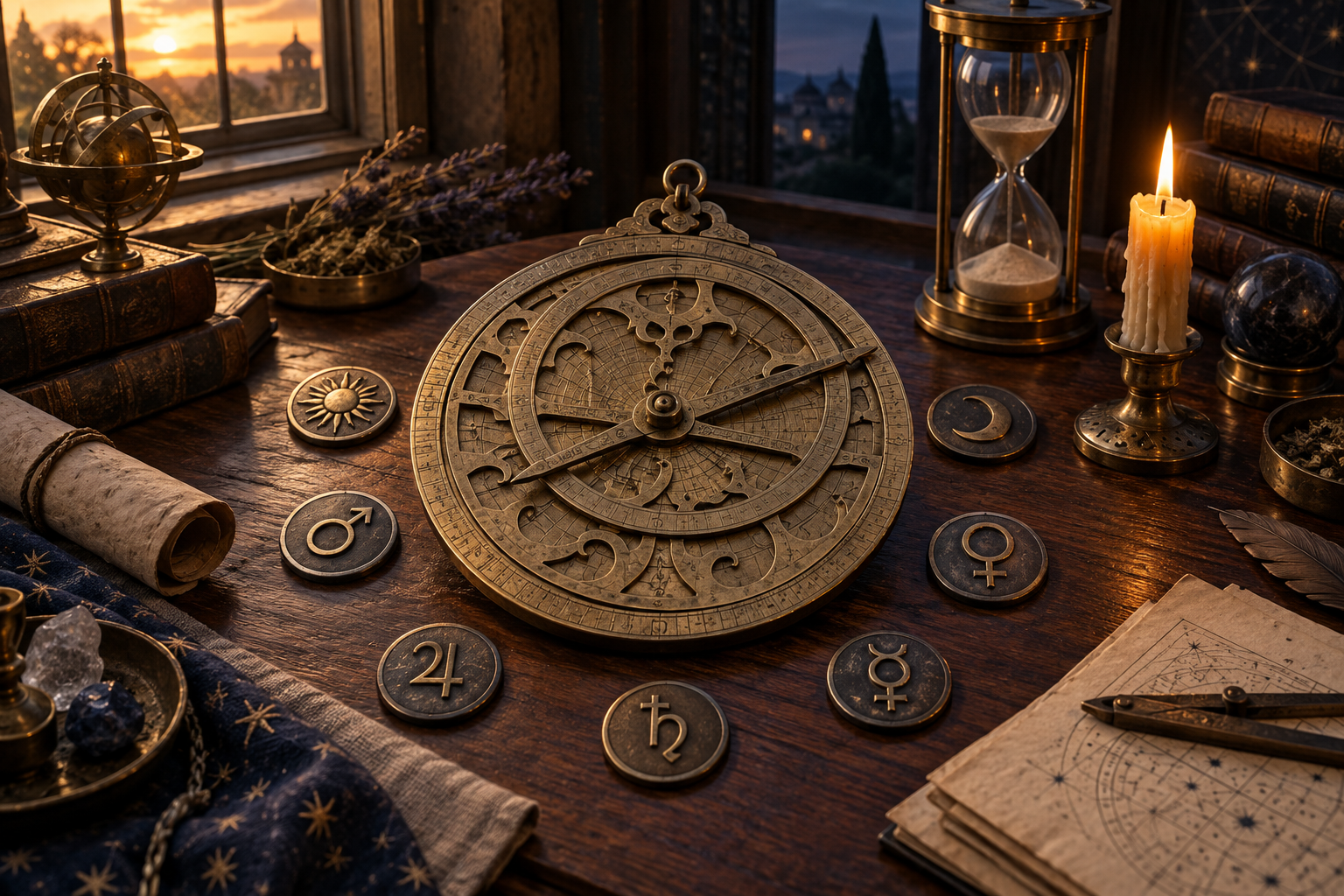 Brass astrolabe on a walnut study table with seven planetary tokens, an hourglass, and daylight turning to twilight