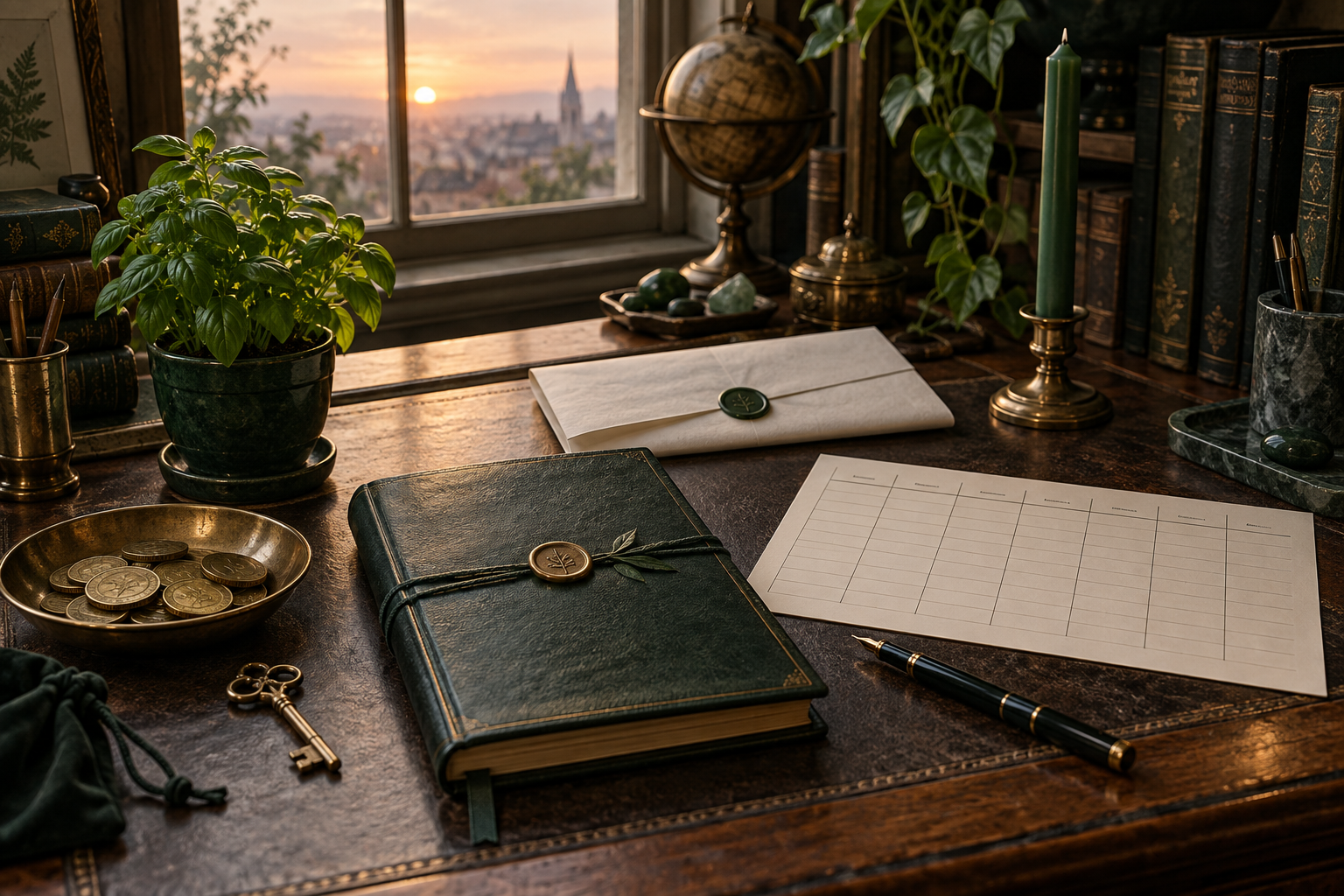 Green ledger, brass coins, blank application, basil plant, unlit candle, key, fountain pen, and weekly planning grid at dawn