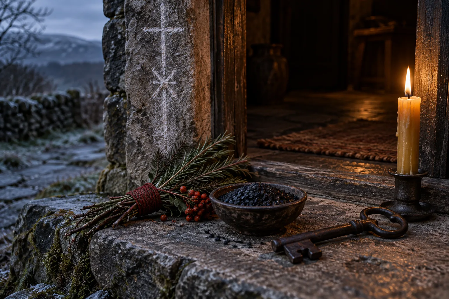 Nature morte de seuil protecteur avec clé en fer, sel noir, romarin, sorbier, craie et bougie en cire d'abeille