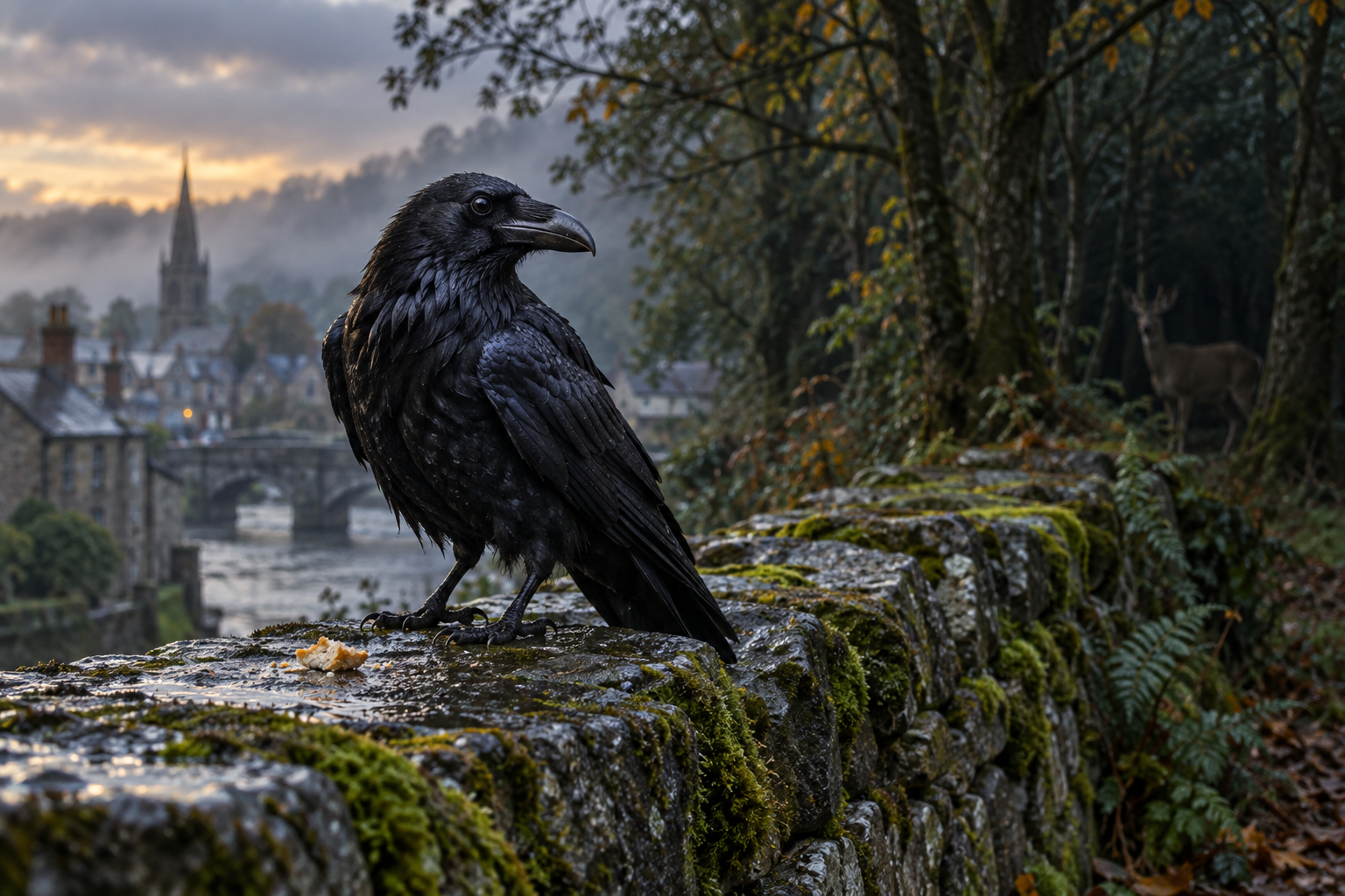 Natural raven on a wet stone wall near a town, with a deer partly visible at the woodland edge behind it