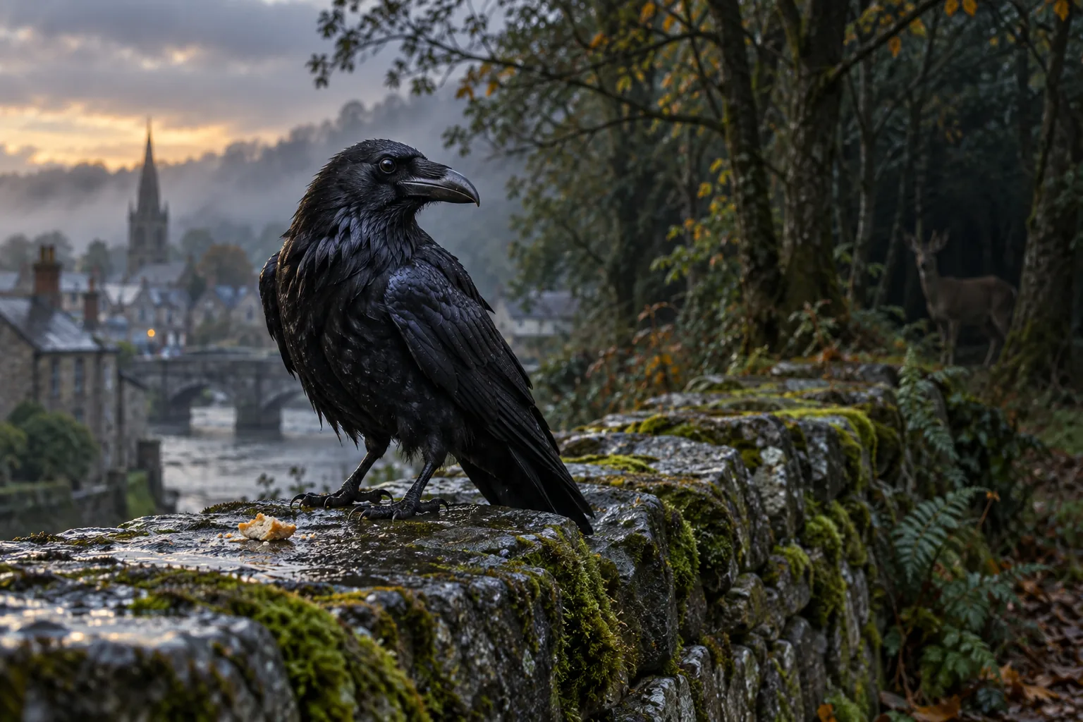 Corbeau naturel sur un muret de pierre humide près d'une ville, avec un cerf partiellement visible à la lisière des bois derrière lui