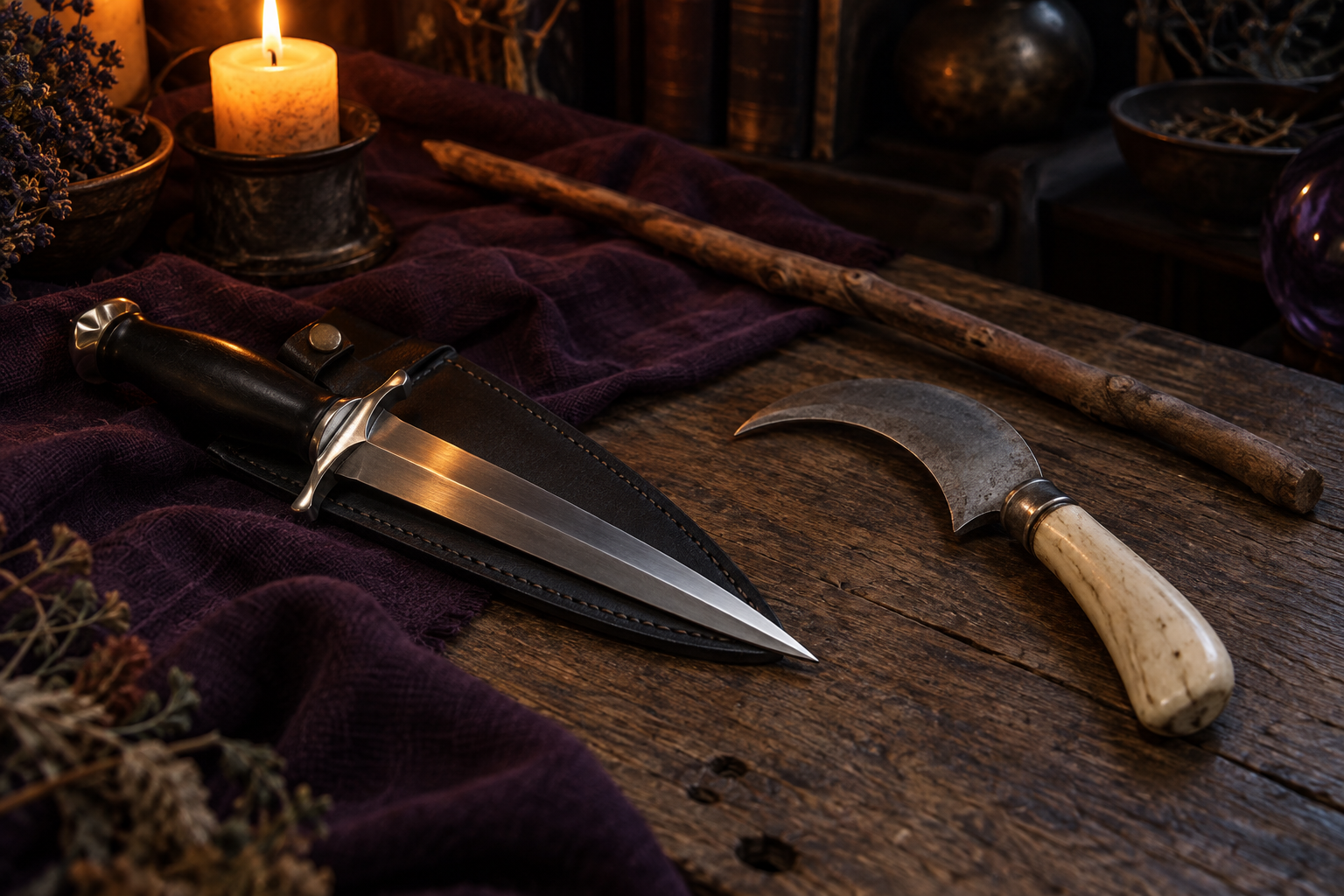 Black-handled ritual knife and curved white-handled working knife on a dark wooden table, with a hazel wand behind them