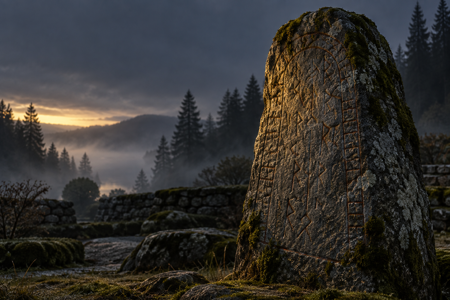 Weathered runestone in a misty conifer garden at dawn, with eroded marks picked out by warm side light