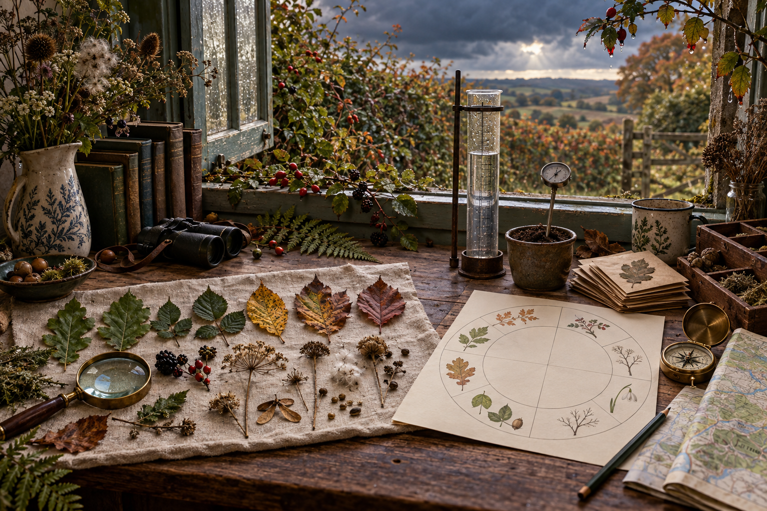 Rainy field station with leaves at different stages, seed heads, rain gauge, soil thermometer, map, lens, envelopes, compass, and seasonal chart