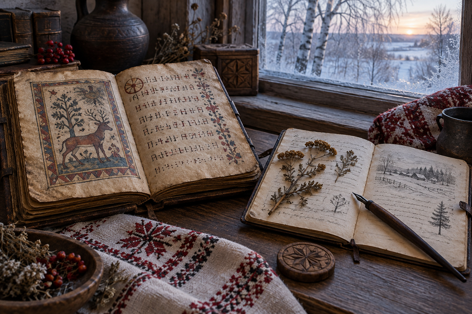 Editorial still life comparing a medieval-style charm manuscript facsimile and a later herb-filled field notebook beside a frosted birchwood window