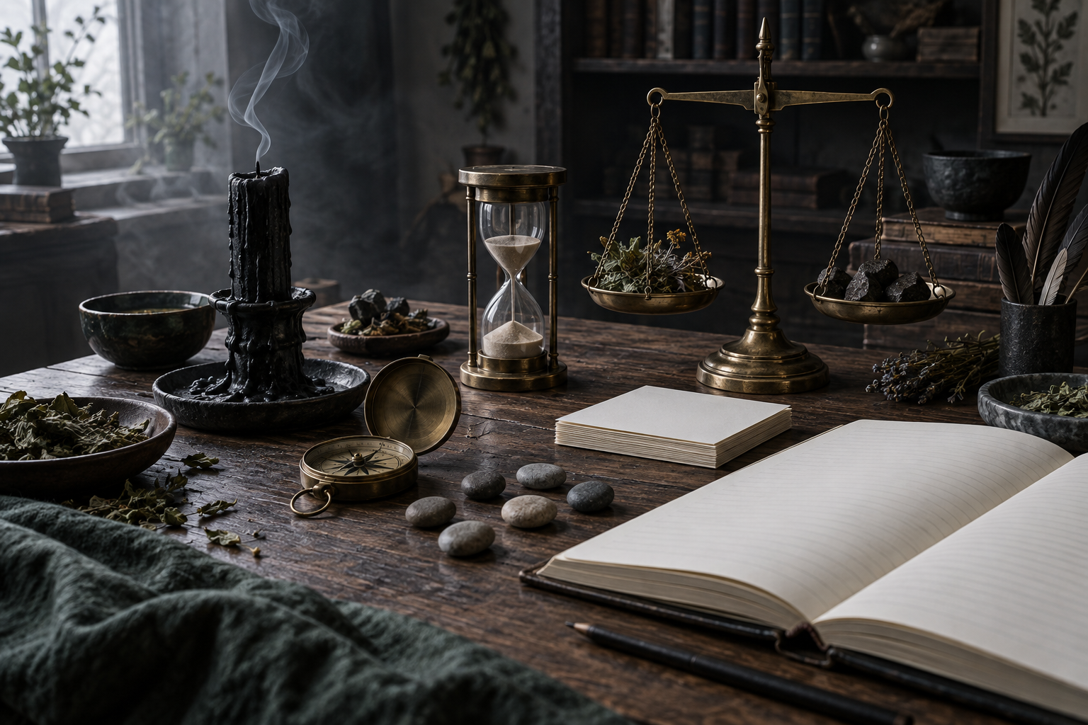 Analytical spellcraft table with extinguished candle, cooled wax, compass, hourglass, balance scale, herbs, iron, and blank notebook
