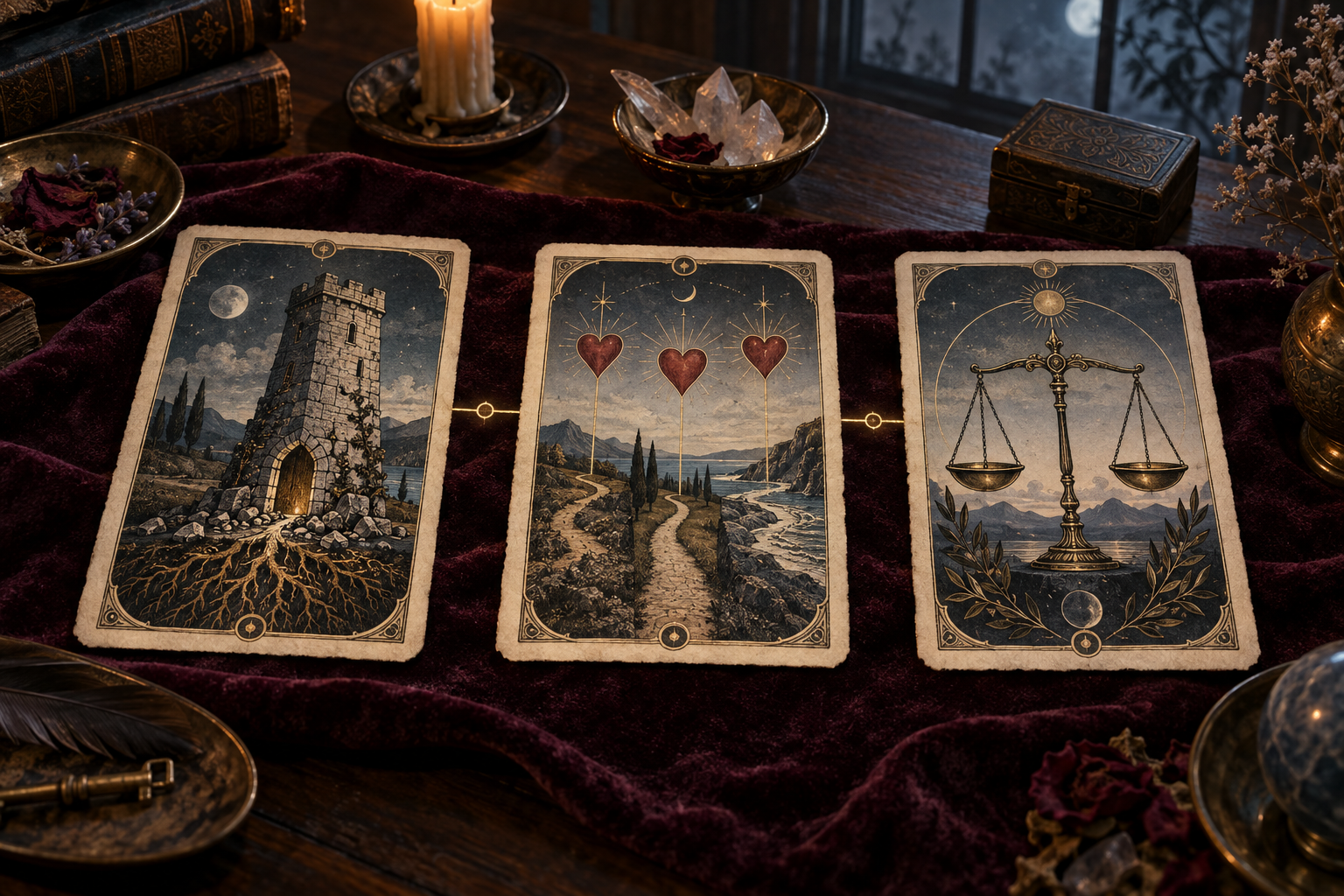 Three original tarot-style cards on dark velvet: a stone tower, three hearts above separate paths, and balanced scales