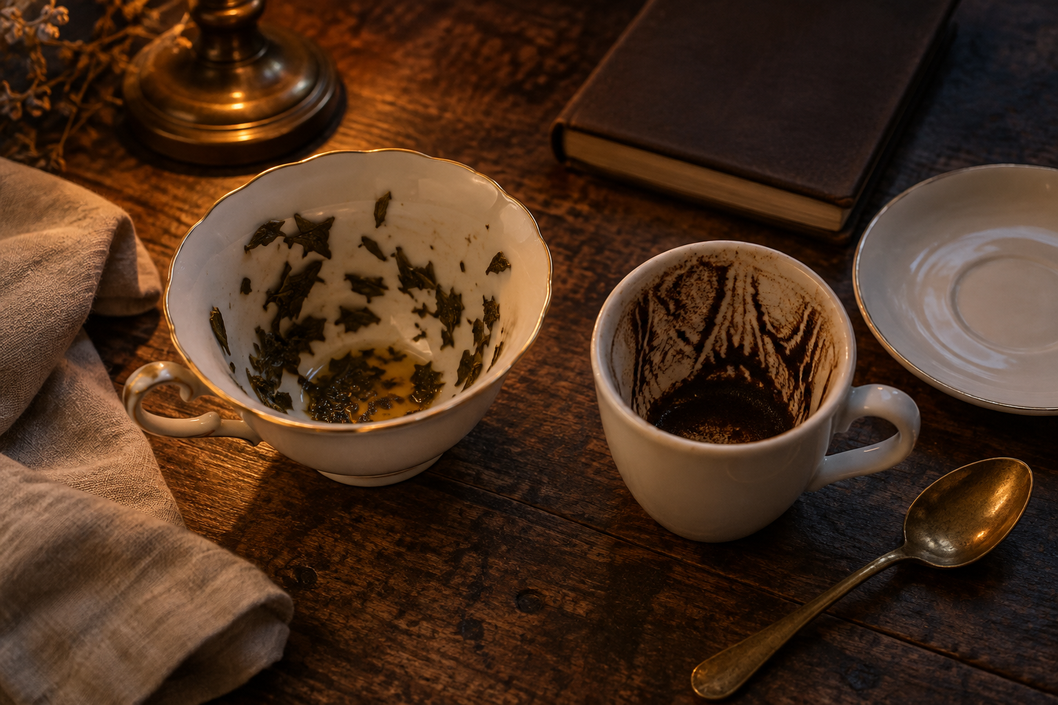 Two used divination cups on a dark wooden table: tea leaves inside a pale teacup and coffee grounds streaking a small white coffee cup