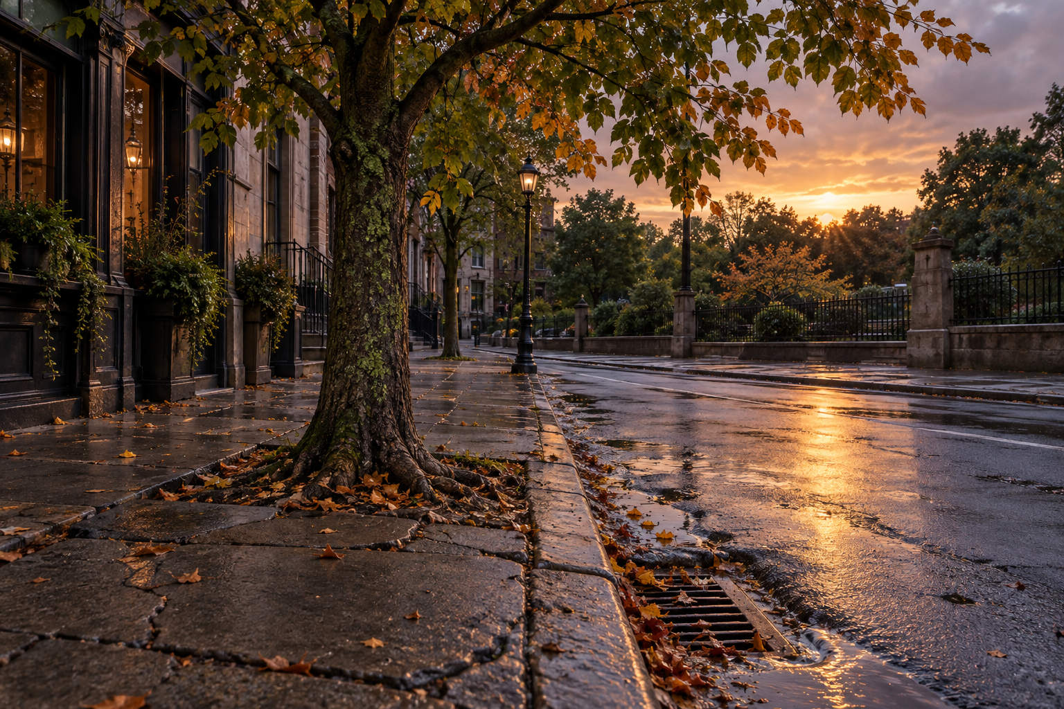 Amber-and-green street tree over rain-dark pavement and a leaf-filled storm drain at dusk
